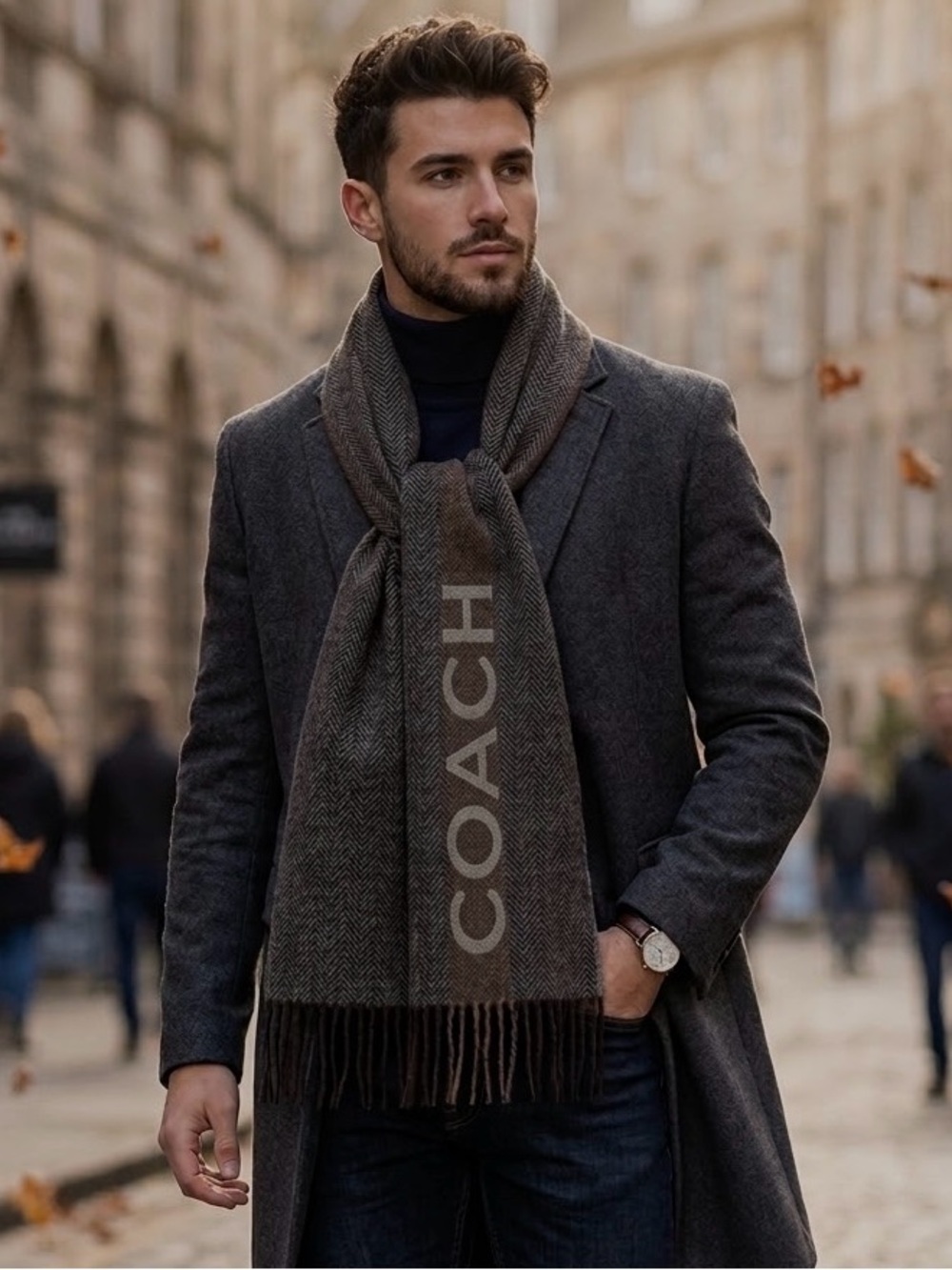 Coach Herringbone Cashmere & Wool Scarf NWOT
